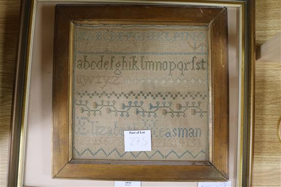 A pair of comical hunting prints and a Victorian sampler, largest 20 x 24cm